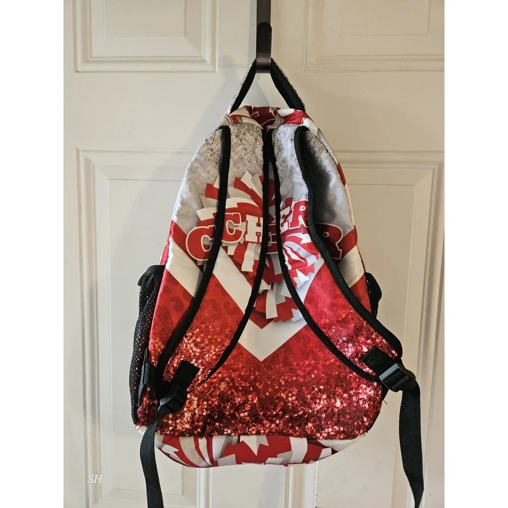 Cheer Backpack Red White Glitter Pom Pom Print School Dance Cheerleading Bag - Picture 2 of 3